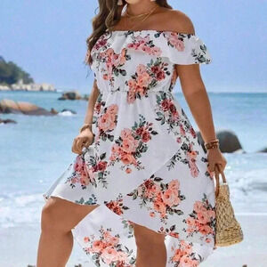 White Boho Women's Plus Size Floral Print Off Shoulder Wrap Hem Dress